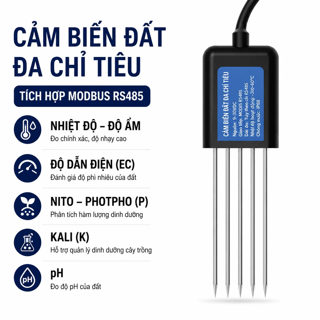 Cảm biến đo pH, EC, NPK, nhiệt độ, độ ẩm đất